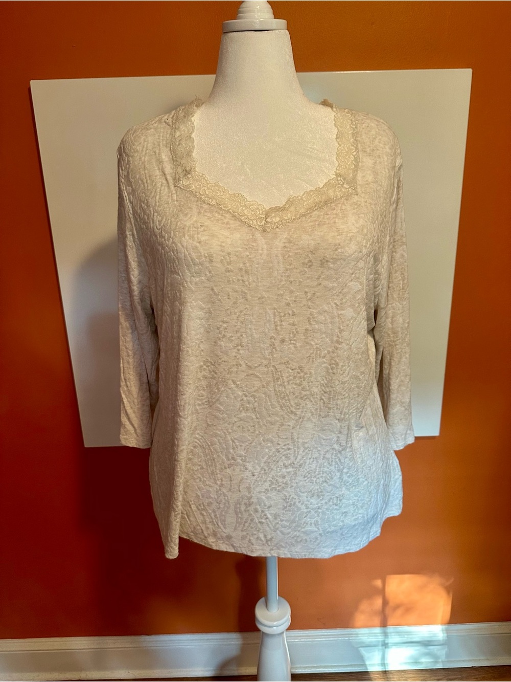 Coldwater Creek Cream Textured Damask Lace V-Neck Top Plus Size 2X